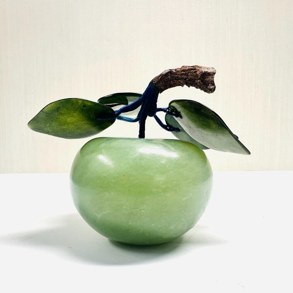 Vintage Green Stone Apple Sculpture Figurine Carved Stone Leaves Wire Stem